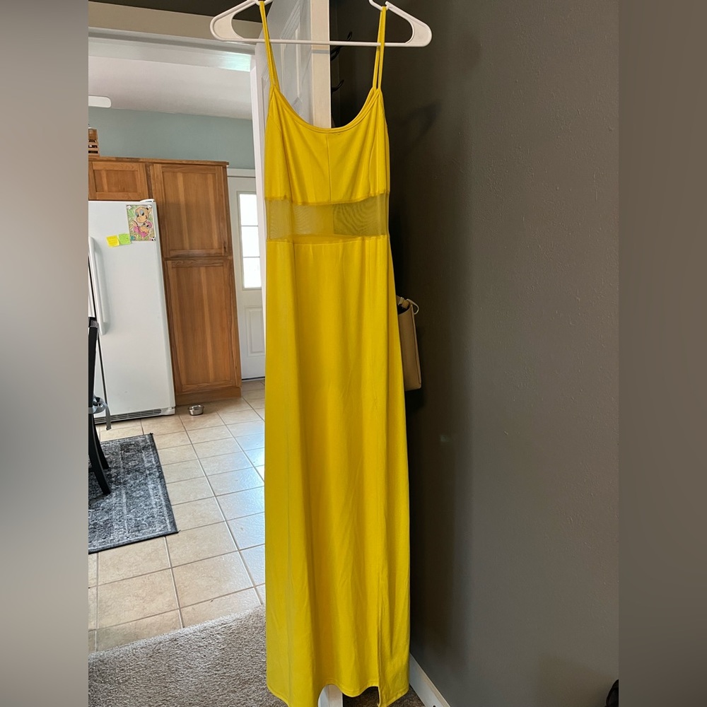 Full length mesh back side slit dress